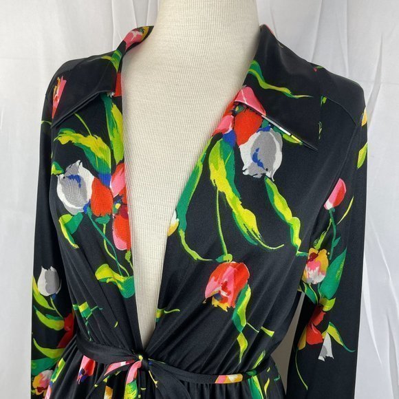 Vintage 60s 70s Komar Black Tulip‎ Floral Print Satin Polyester Robe Large - Picture 3 of 9